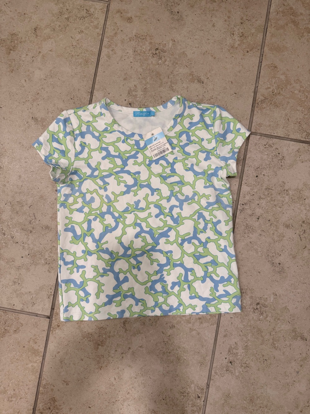 J McLaughlin girls signature crew neck tee while blue green coral size 5/6 NWT